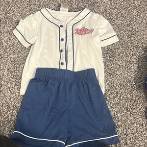 White and Blue Button-Up Shirt with Shorts Set